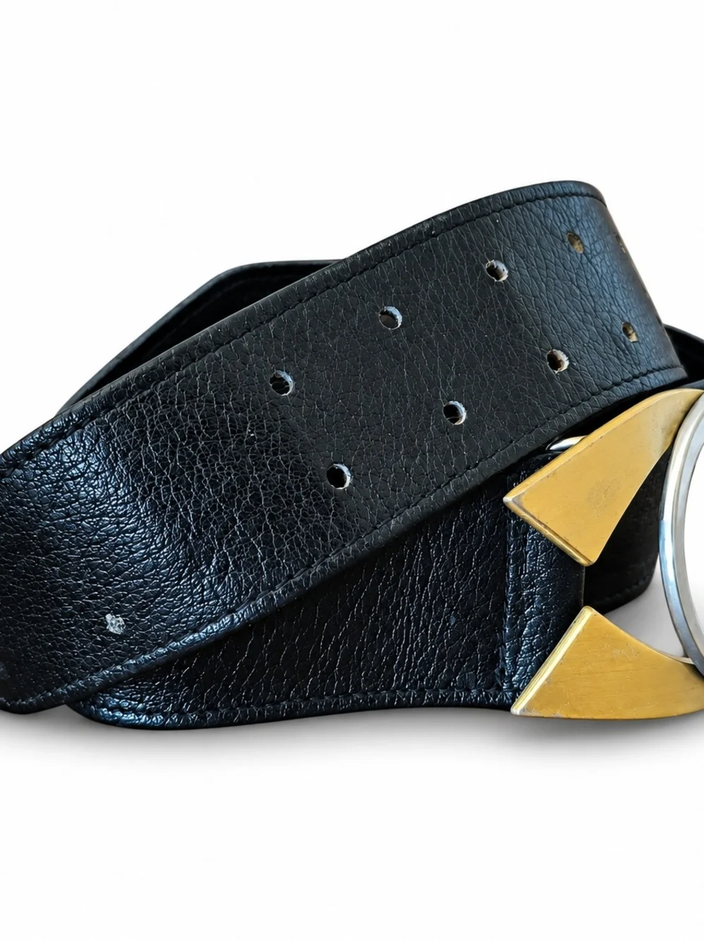 90's Genuine Leather Belt W/ Geometric Buckle.